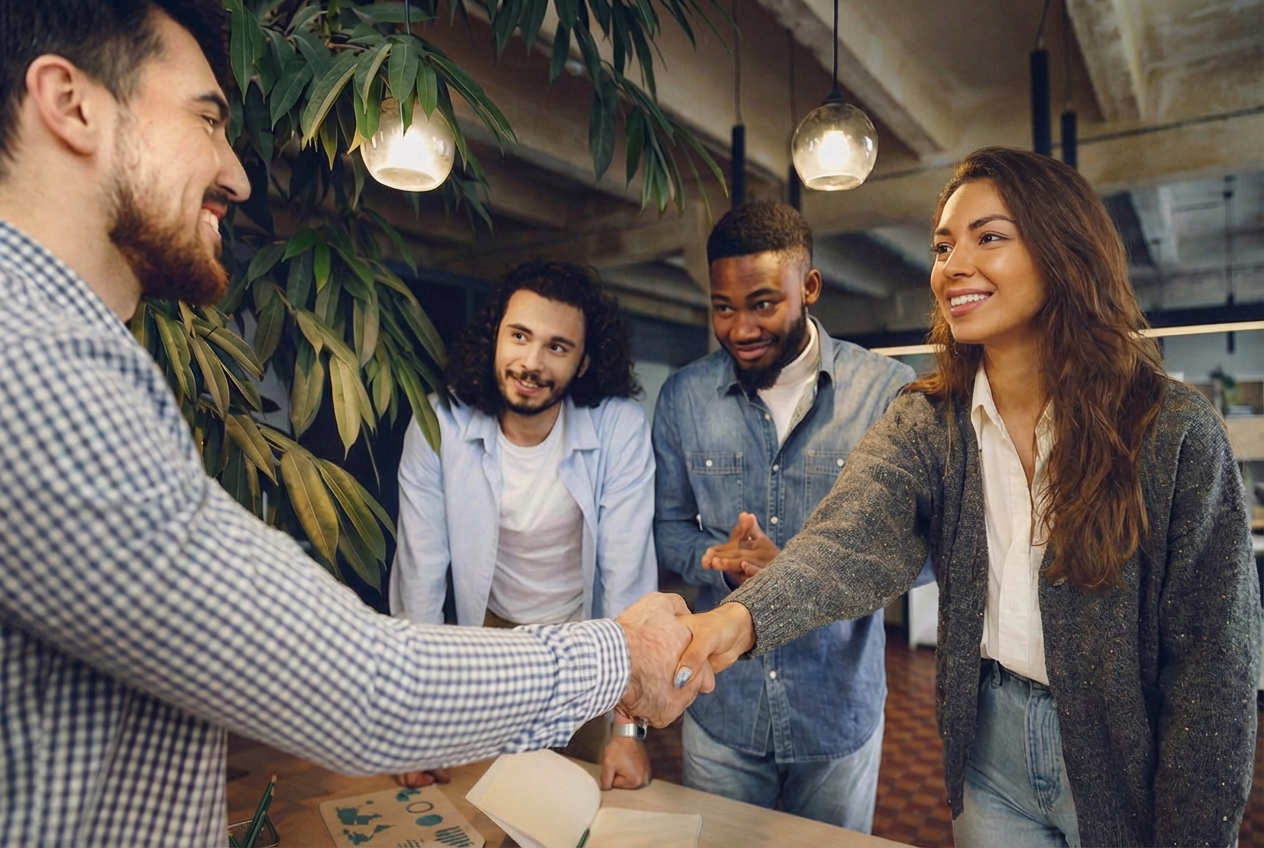 A diverse group of people smiles as two of them shake hands to solidify their community partnership.