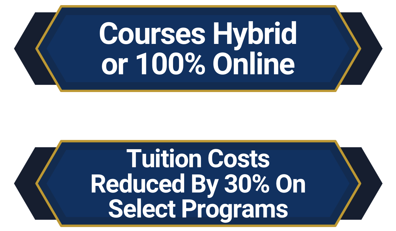 Cources Hybrid or 100% online and Tuition costs reduced by 30% on Select programs