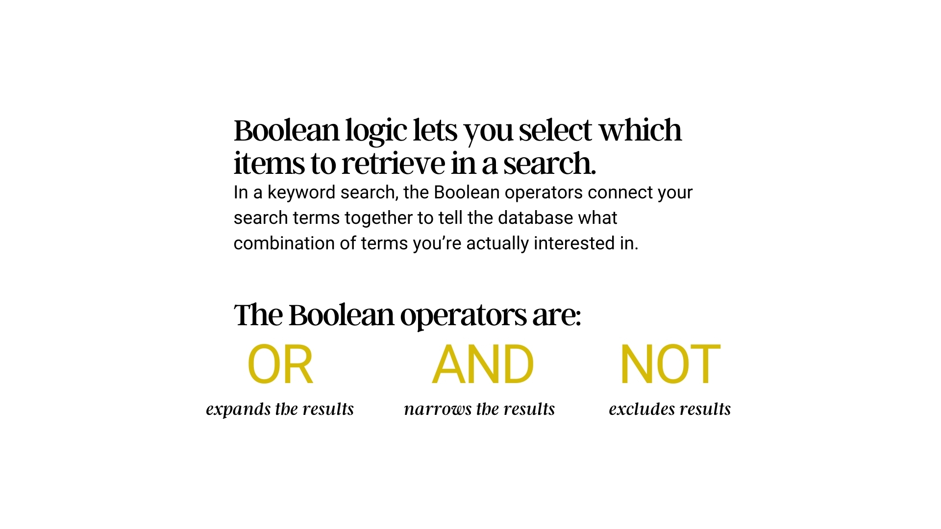 Boolean logic lets you select which items to retrieve in a search